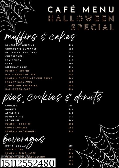 decal code Halloween Menu Bloxburg, Cafe Logo Bloxburg Code, Bloxburg Halloween Cafe Menu Codes, Halloween Menu Decals Bloxburg, Fall Cafe Bloxburg Decal, Bloxburg Halloween Cafe Decals, Halloween Movie Decal Bloxburg, Bloxburg Coffee Shop Menu Decals Codes, Bloxburg Fall Cafe Decals