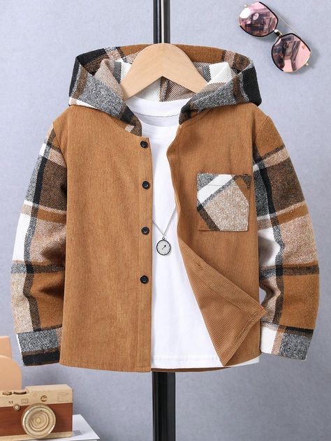 Brown Casual Collar Long Sleeve Fabric Plaid Shirt Embellished Non-Stretch  Young Boys Clothing Plaid Shirt Outfit Fall, Organza Fashion, Fall Maternity Shoot, Plaid Print Shirt, Plaid Shirt Outfits, Boys Long Sleeve Shirts, Baby Girl Dress Design, Fall Maternity, Hooded Shirt