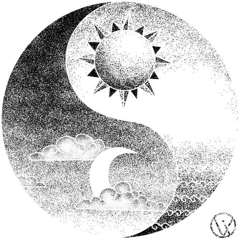 Sun And Moon Yin Yang, Pointilism Art, Moon Yin Yang, Pointalism Art, Sign Drawing, Dotted Drawings, Minimal Drawings, Stippling Art, Minimal Painting