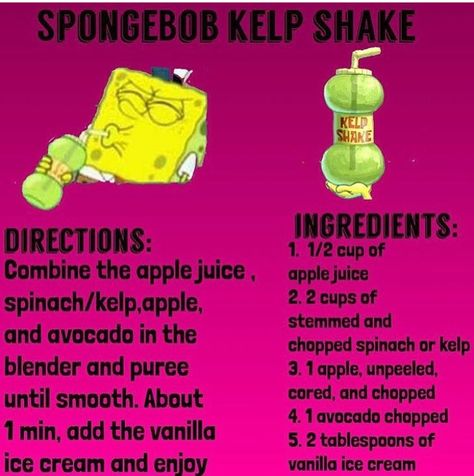 SpongeBob kelp shake Spongebob Kelp Shake, Cartoon Recipe, Disney Themed Food, Disney Dishes, Disney Inspired Food, Homemade Recipe Books, Disney Dinner, Homemade Cookbook, Geek Food