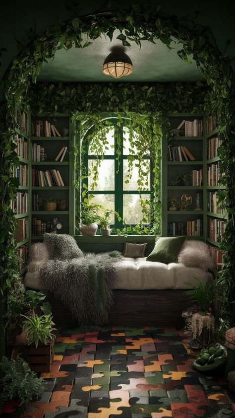 Reading Nook No Window, Magical Reading Nook, Forest Reading Nook, Fantasy Reading Nook, Cottagecore Reading Nook, Cute Reading Nook, Moody Reading Nook, Room Corner Decor Ideas, Bedroom Nooks