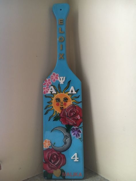 Greek Paddle Alpha Psi Lambda Sorority Paddle Designs, Paddle Designs Sorority, Greek Paddle Ideas, Greek Paddles Sorority, Sunset Paddle Sorority, Sorority Paddles Ideas, Alpha Phi Alpha Paddle, Paddle Inspiration Sorority, Beach Paddle Sorority