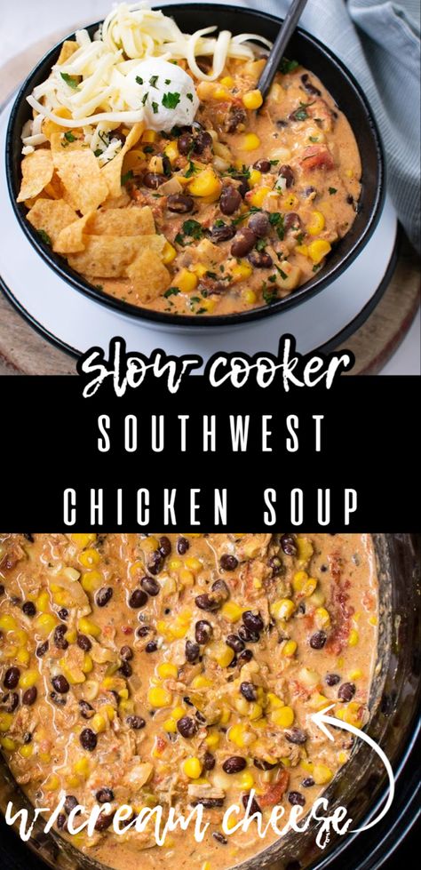 Southwest chicken soup in a black bowl with corn chips on top. Chicken Soup With Cream Cheese, Black Bean Soup Crock Pot, Southwest Chicken Crockpot, Southwest Chili Recipe, Chicken Chili With Cream Cheese, Chili With Cream Cheese, Soup With Cream Cheese, Southwest Chicken Chili, Southwestern Chicken Soup