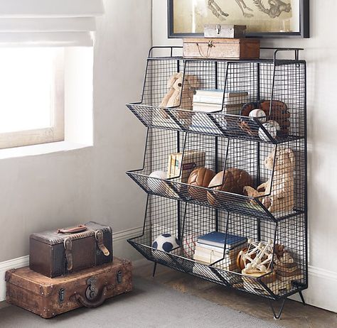 Warehouse Aesthetic, Wire Bins, Smart Tiles, Industrial Bedroom, Vintage Industrial Decor, Rh Baby, Tough Cookie, Cubby Storage, Sports Room