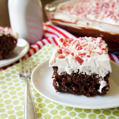 Peppermint Poke Cake Chocolate Poke Cakes, Peppermint Poke Cake, Texas Sheet Cake Recipe, Peppermint Chocolate, Texas Sheet, Poke Cake Recipes, Sheet Cake Recipes, Poke Cakes, A Piece Of Cake