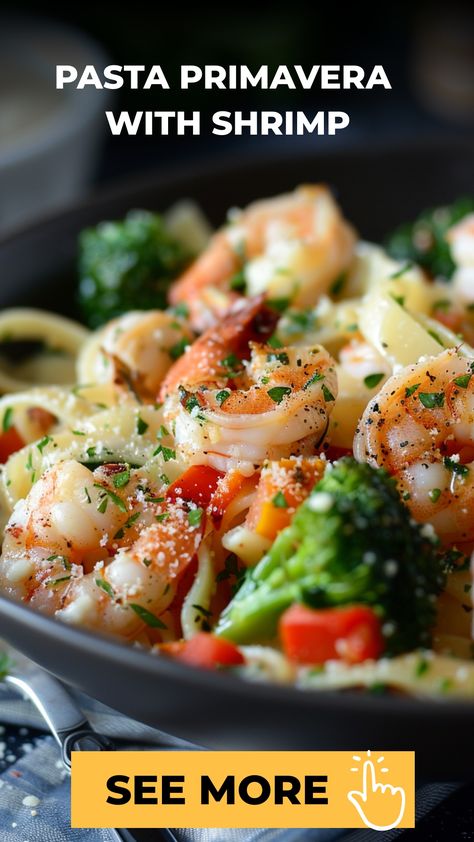 Indulge in a flavorful meal with this delicious Pasta Primavera with Shrimp recipe. The combination of tender shrimp and fresh vegetables tossed in a savory sauce creates a dish that is both light and satisfying. A perfect choice for a quick weeknight dinner or when you just want to treat yourself to something special. Try making this dish at home and enjoy the exquisite flavors melting in your mouth! Shrimp Pasta With Vegetables, Shrimp Pasta Recipes With Vegetables, Shrimp Pasta With Veggies, Shrimp Pasta Sauce Recipes, Shrimp Pasta Primavera Recipes, Shrimp And Pasta Dishes, Shrimp Tagliatelle Recipe, Pasta Primavera With Shrimp, Pasta And Seafood Recipes