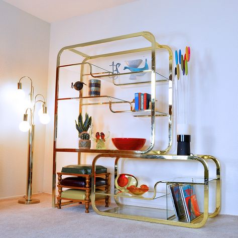 Milo Baughman DIA Extendable Brass Etagere - Mid Mod Crisis Brass Etagere, Glass Etagere, Design Institute, Vinyl Storage, Milo Baughman, Mid Mod, Contemporary Style, Room Divider, Dream House