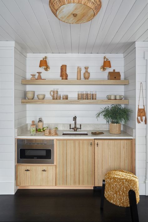 a kitchenette with shelves Hotel Kitchenette, Tent Room, Coffee Stations, Devol Kitchens, Basement Inspiration, Home Coffee Bar, Coffee Bar Home, Glass Cabinets Display, Rustic Wood Walls