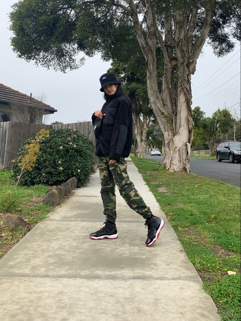 Nike Air Jordan 11 2019 Bred Stussy camouflage cargo pants Uniqlo x Engineered Garments fleece Mens section Herschel hip pack Jordan 11 Bred Outfit Men, Bred 11 Outfit, Jordan 11 Bred Outfit, Herschel Hip Pack, Bred Outfits, Jordan 11 Outfit, Bred 11, Styling Jordans, Jordan 11 Bred