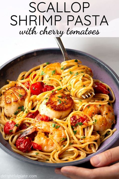 Scallop And Shrimp Pasta, Scallop Recipes Pasta, Burst Cherry Tomatoes, Shrimp And Scallop Recipes, Burst Tomatoes, Pasta With Cherry Tomatoes, Scallop Pasta, Fancy Date Night, Fancy Date