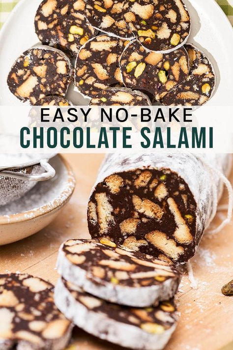 Chocolate Salami A traditional Italian dessert, chocolate salami is a popular treat especially during the holiday season. This version is made with pistachios. Chocolate Salami Recipe, Salami Recipe, Chocolate Salami, Salami Recipes, Vanilla Tea, Italian Chocolate, Tea Biscuits, Frozen Chocolate, Melted Chocolate