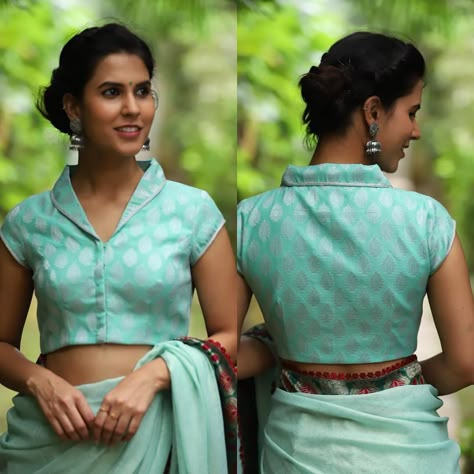 Image may contain: 2 people, people standing Designer Blouse Patterns Unique, Shirt Blouse Designs, Blouse Back Designs, High Neck Shirt, Stand Collar Blouse, Blouse Designs High Neck, Cotton Blouse Design, Backless Blouse Designs, Saree Blouse Neck Designs