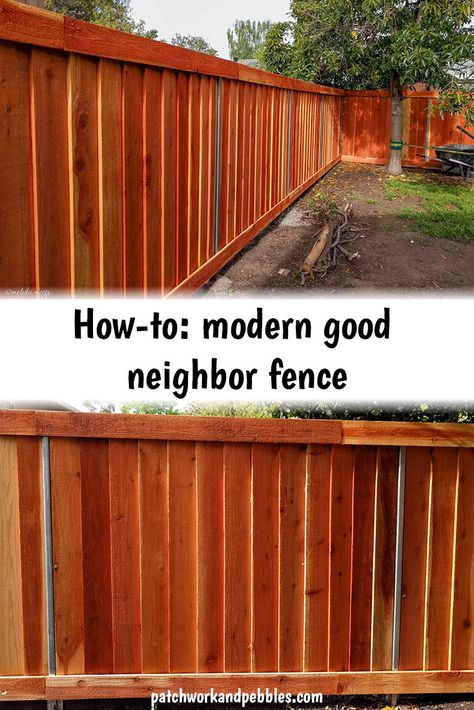 Tutorial guide on how to make a modern good neighbor fence, uniform throughout the length on one side and identical on the other side. Good Neighbor Fence, Wood Fence Installation, Fence Installation, Old Home Remodel, Old Fences, Diy Fence, Front Yard Fence, House Landscaping, Fence Landscaping