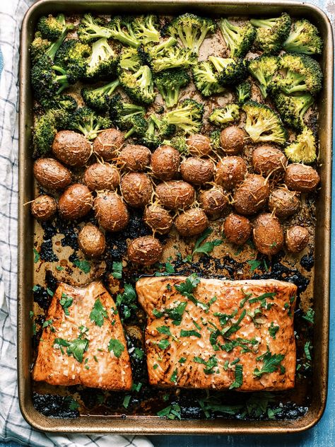 Honey Garlic Salmon With Potatoes and Broccoli SHEET PAN RECIPE - Dad With A Pan