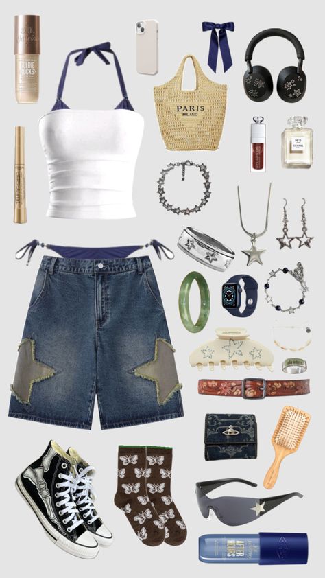 beach fit 🤍 #beach #navyblue #vintage #outfitinspo #vibes #aeshetic #outfit Cruise Outfits Aesthetic, Beach Core Outfits, Beach Concert Outfit, Beach Inspired Outfits, Lake House Outfits, Beach Themed Outfits, Ocean Inspired Outfits, Island Outfit Ideas, Beachy Outfits Aesthetic