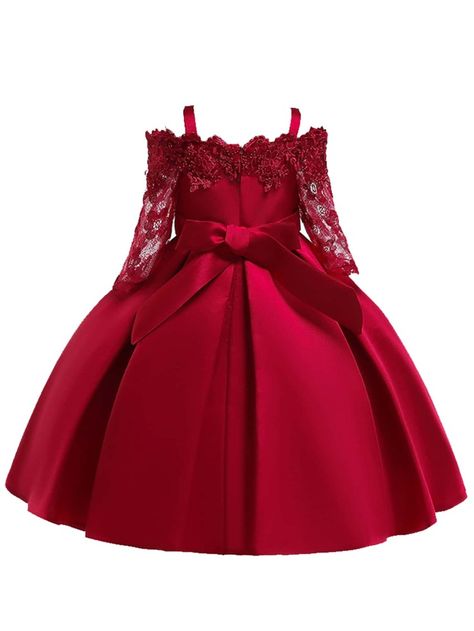 Girls Lace Detail Bow Front Party Dress | SHEIN USA Red Dresses For Kids, Lace Princess Dress, African Dresses For Kids, Sweet Party, Kids Party Dresses, Girl Dress Patterns, Kids Fashion Dress, Kids Designer Dresses