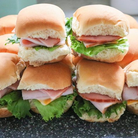 Ham and Turkey Sliders (make-ahead sandwiches for lunch) - Fab Everyday Slider Sandwiches For Party, Cold Meat Sliders, Deli Sliders Cold, Cold Ham Sandwiches, Turkey Party Sandwiches, Ham Party Sandwiches, Ham And Cheese Sandwiches Cold For Party, Slider Sandwiches Cold, Turkey And Ham Sandwiches