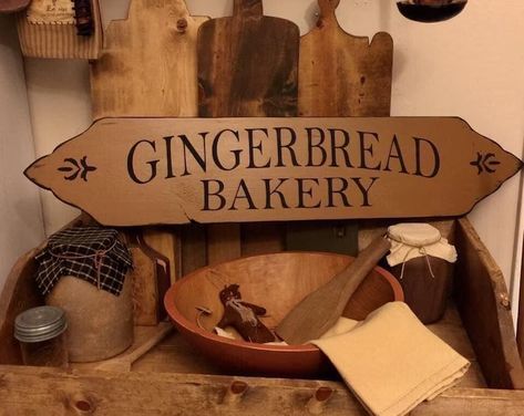 Gingerbread Bakery Sign Christmas Sign Primitive Christmas - Etsy Canada Wooden Kitchen Items, Bakery Signs, Gingerbread Bakery, Primitive Country Christmas, Kitchen Wreath, Bakery Sign, Christmas Country, Primitive Kitchen Decor, Gingerbread Christmas Decor