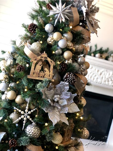 Looking for a traditional yet Glam Christmas Tree design? Check out this Christmas Tree! Faith Based Christmas Tree, Nativity Theme Christmas Tree, Nativity Scene Christmas Tree, Nativity Christmas Tree Ideas, Jesus Christmas Tree Decorating Ideas, Hobby Lobby Christmas Tree Decor, Christian Themed Christmas Tree, Christ Themed Christmas Tree, Christ Christmas Tree