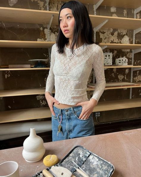 Vivian on Instagram: "if you ever need to find me, i’m probably in the studio" Sheer Lace Top Outfit, College Wardrobe, Lace Tee, Sheer Lace Top, Aesthetic Fits, Lace Outfit, Top Outfit, Big Clothes, Cold Weather Outfits