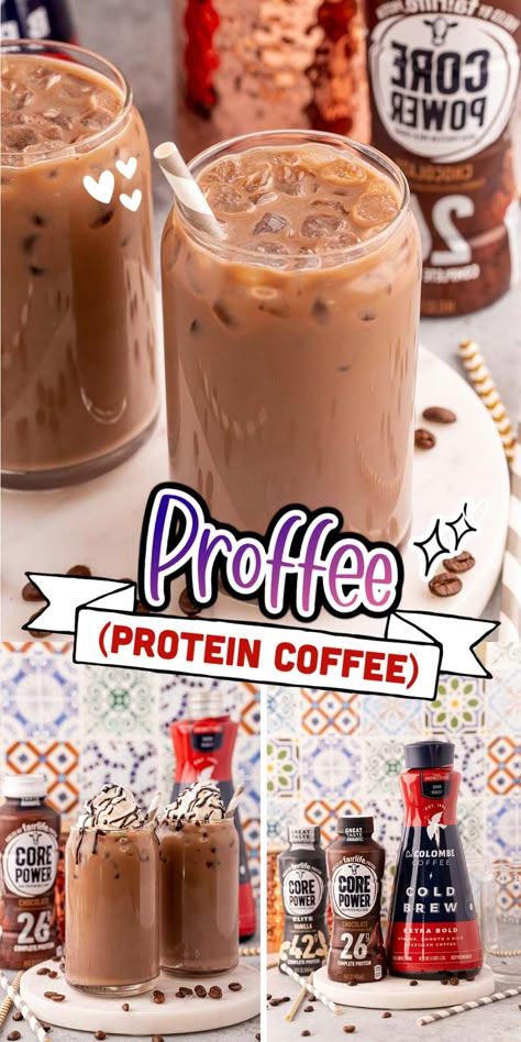 Protein Coffee, aka Proffee, is the latest pick-me-up trend that has both tired moms and health enthusiasts raving! Mix your favorite protein drink with cold brew coffee for an easy caffeinated beverage that will carry you through the day and satisfy that sweet tooth! Premier Protein Cold Brew Coffee, Cold Brew And Protein Shake, Cold Brew Coffee Protein Shake, Cold Brew Protein Smoothie, Protein Drinks With Coffee, Protein Drink With Coffee, Javy Coffee With Premier Protein, Fairlife Coffee Recipes, Fairlife Protein Shake Recipe Coffee