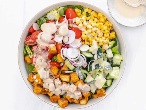 Creamy Tofu Salad - The Plant Based School Cold Tofu Salad, Broccoli Tofu Salad, Tofu Salad Bowl, Tofu Greek Salad, How To Prepare Tofu For Salads, Tofu Salad Recipes, Carrot Ginger Dressing, Tofu Salad, Lemon Vinaigrette