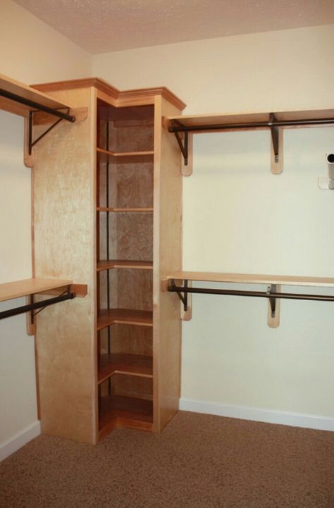 Corner Closet Shelves, Diy Closet Shelves, Corner Closet, Walking Closet, Closet Rods, Closet Layout, Closet Remodel, Small Closet, Closet Rod