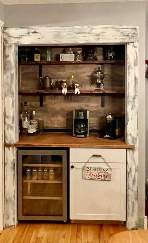 This was a closet off our kitchen that we turned into a coffee bar. Cubby Bar Ideas, Coffe Closet, Home Library With Coffee Bar, Coffee Bar In Closet Ideas, Coffee Closet Ideas, Pantry Converted To Coffee Bar, Coffee Bar Closet Ideas, Closet Turned Coffee Bar, Turn Closet Into Coffee Bar