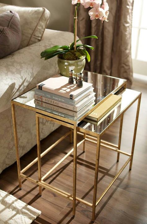 Interior design trends: Gold. Ethan Allen mirror top golden side tables. Golden Side Table, Layout Portfolio, Hutch Makeover, Side Table Decor, Decor Ikea, Apartment Living Room Design, Stone Table, Gold Interior, Ethan Allen