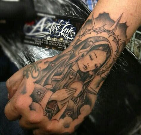 Virgen de guadalupe tattoo. Virgen De Guadalupe Forearm Tattoo, Mexican Hand Tattoos For Women, Hands Tatoos Woman, Virgen De Guadalupe Tattoo Ideas Back, Virgin Mary Hand Tattoos For Guys, Gualupe Tattoo, Chunky Tattoo Ideas, Tattoo Ideas Female Mexican, La Virgencita Tattoo