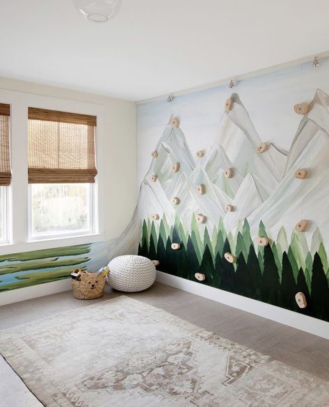 Mountain Themed Playroom, Kids Rock Climbing Wall Indoor, Hgtv Rock The Block, Playroom Wall Mural, Dave And Jenny Marrs, Evergreen Nursery, Climbing Wall Kids, Jenny Marrs, Rock The Block