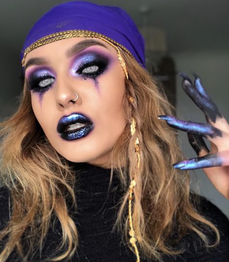 Seer Halloween Costumes, Halloween Makeup Fortune Teller, Spooky Fortune Teller Costume, Fortune Teller Halloween Makeup, Fortune Teller Make Up, Fortune Teller Costume Makeup, Seer Makeup, Fortune Teller Hair, Seer Costume