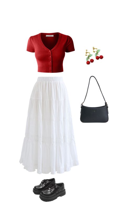 cherry on top | red White Skirt Outfit, Modest Girly Outfits, White Skirt Outfits, School Fit, Cute Modest Outfits, Modest Dresses Casual, Everyday Fashion Outfits, Casual Day Outfits, Quick Outfits