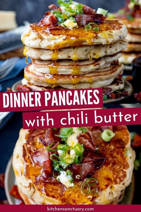 Savoury Dinner Pancakes with Chilli Butter are the ultimate dinner pancake recipe. This is a sweet and savory pancake recipe that is loaded with chorizo, bacon and more. Whip these up for a tasty treat. #bacon #chorizo #dinner #pancakes #savory #recipe #mealtime Chorizo Dinner, Dinner Pancakes, Chili Butter, Savoury Pancake Recipe, Kitchen Sanctuary, Pancakes For Dinner, Savory Recipe, Healty Dinner, Pancakes And Bacon