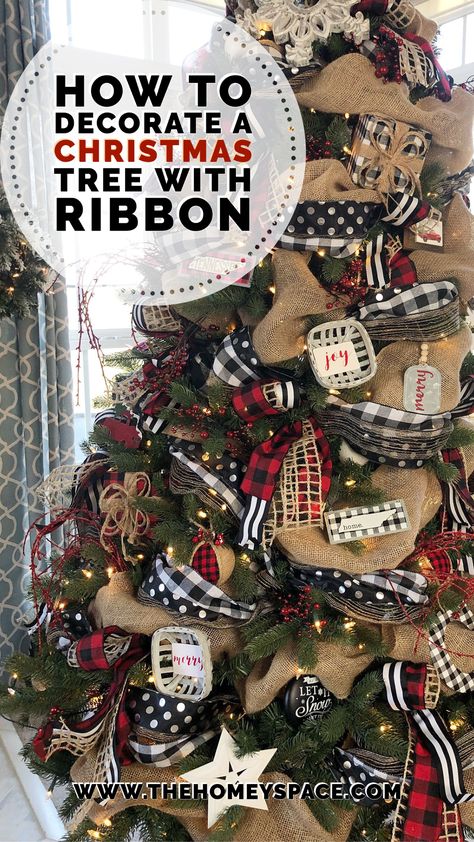 Burlap Ornaments Christmas, Rustic Christmas Tree With Ribbon, Christmas Tree With Burlap Garland, Christmas Trees With Burlap Ribbon, Christmas Tree Burlap Ribbon, Burlap Tree Decorations, Ribbon Decorated Christmas Trees, How To Decorate A Tree With Ribbon, How To Put Garland On Christmas Tree