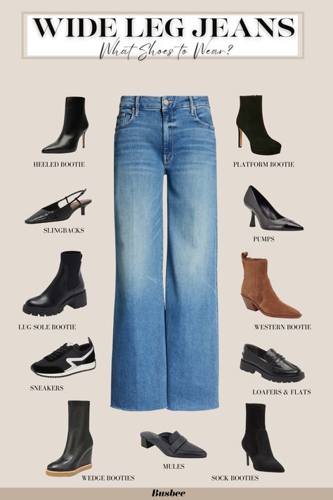 An Easy & Complete Guide to What Shoes To Wear with Jeans Shoes With Wide Leg Jean, Women's Wide Leg Jeans Outfit, How To Pair Shoes With Jeans, Vintage Wide Leg Jeans Outfit, Best Shoes For Baggy Jeans, Shoes For Wide Jeans, Shoe And Pants Guide Women, What Footwear To Wear With Jeans, Jeans For Boots Women