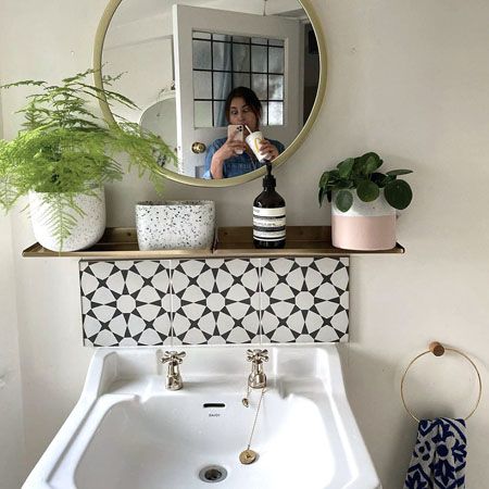 Small Splashback Bathroom, Tiled Bathroom Sink Backsplash, Tiled Sink Splashback Bathroom, Downstairs Toilet Sink Splashback, Powder Room Splashback, Downstairs Loo Tiles, Splashback Bathroom Sink, Small Sink Splashback, Cloakroom Sink Splashback