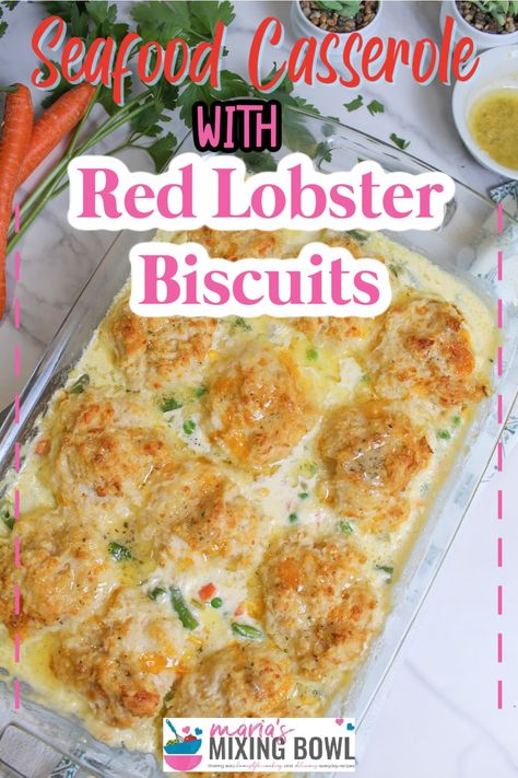 This seafood casserole with Red Lobster biscuits is rich, creamy, made with shrimp, fish, a creamy sauce, and Red Lobster biscuit mix. Casserole With Red Lobster Biscuits, Casserole Crock Recipes, Baked Salmon With Mayo, Red Lobster Biscuit Mix, Seafood Pot Pie, Creamy Casserole, Lobster Biscuits, Red Lobster Cheddar Bay Biscuits, Crock Meals