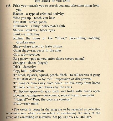 Lexicon of Chicago gang slang from The Gang: A Study of 1,313 Gangs in Chicago, published by the University of Chicago, 1927.    via The Hope Chest, Bad News from the Past 1920s Quotes, Chicago Gangs, Chi Town, University Of Chicago, Slang Words, The University Of Chicago, My Kind Of Town, American English, Kindred Spirits