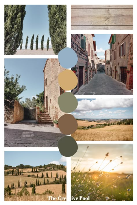 A green and brown earth tone color scheme with a pop of blue | Follow for more color inspo! #branding #colorpalette #colorinspiration #brandcolors Earth Tone Color Palette Blue And Green, Earth Tones With A Pop Of Color, Winery Mood Board, Ireland Color Palette, Winery Color Palette, Italian Mood Board, Italy Colour Palette, Mood And Tone Color, Color Palette Brown Earth Tones