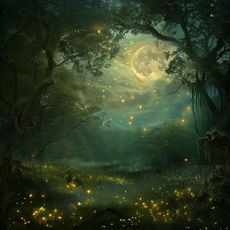 "Enchanted evenings whisper secrets through the trees, as fireflies dance to the moon's lullaby. 🌕✨🌿 #enchantedforest #moonlitnight #fireflies #whimsicalwoods #magicalmoments #naturelover #fairytalewoods #mysticmoon #forestphotography #naturesbeauty #nightscenery #enchantedevening #moonandstars #glowingforest #sereneviews #woodlandwonders #midsummernights #dreamylandscape #forestfairies #peacefulplace #moonglow #forestmagic #nighttimeadventures #starryforest #tranquilscenes #fantasyforest #mo... Fireflies At Night, Enchanted Forest Fireflies, Firefly Night, Fireflies At Night Aesthetic, The Light Of Firefly Forest, Dream Background, Forest Moon, Enchanted Evening, Mystic Moon