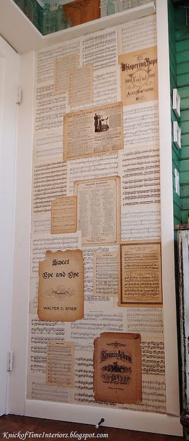 sheet music used as wallpaper in a rustic bathroom Music Sheet Wallpaper, Newspaper Bathroom Wall, Sheet Music Wallpaper, Book Pages On Wall Bedroom Corner, Vintage Newspaper Wallpaper Bathroom, Room With Book Pages On Wall, Vintage Music Sheets Decor, Decoupage Wall, Piano Shop