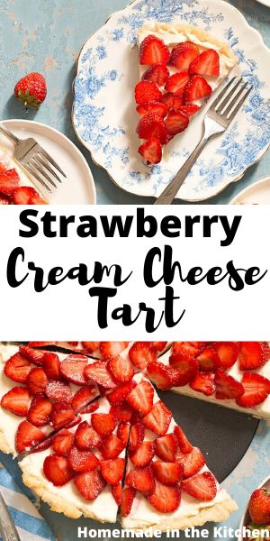 Strawberry Cream Cheese Tart with a homemade pie crust is an easy summer tart that will impress. It’s like eating a strawberry pie and cheesecake in one bite! #homemadeinthekitchen #strawberrycreamcheesetart #strawberryrecipes #summerdesserts Strawberry Cheese Tart, Strawberry Cream Cheese Tart, Strawberry Cheesecake Tarts, Strawberry Cheesecake Tart, Cream Cheese Tart Filling, Cream Cheese Fruit Tart, Cream Cheese Tarts, Strawberry Tart Recipe, Cream Cheese Tart