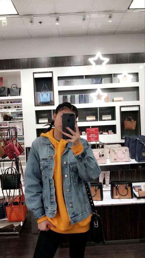 Jean Jacket With Sweatshirt, Fits With Jean Jackets, Hoodie With Jean Jacket Outfit, Jean Jacket Hoodie Outfit, Hoodie Jean Jacket Outfit, Yellow Jean Jacket Outfit, Jean Jacket And Hoodie Outfit, Jean Jacket Over Hoodie, Hoodie And Jean Jacket Outfit