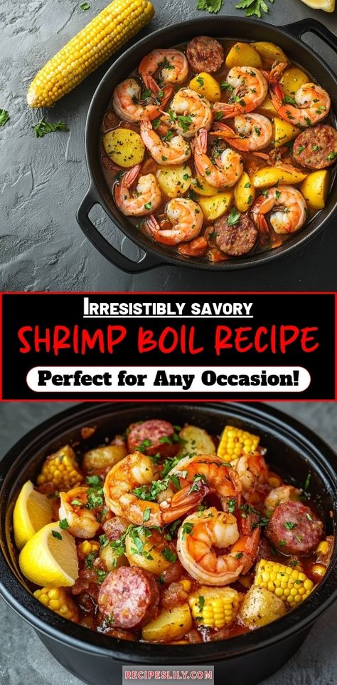 I love this shrimp boil recipe! It's packed with juicy shrimp, tender potatoes, and flavorful sausage, all simmered together for a delicious, hearty meal. Perfect for any occasion, this dish brings a taste of the coast right to my kitchen. Whether it's a family gathering or a casual dinner, it never fails to impress! Cajun Boil, Shrimp Boil Recipe, Sea Food Recipes, Boiled Food, Juicy Shrimp, Hamburger Soup, Shrimp Boil, Hearty Meal, Smoked Sausage