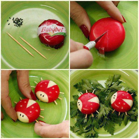 cute party appetizers babybel ladybugs diy toothsticks www.diy-enthusiasts.com Ladybug Appetizers, Bug Snacks, Design Cibo, Babybel Cheese, Fruits Art, Diy Cheese, Decorações Com Comidas, Kids Party Food, Snacks Für Party