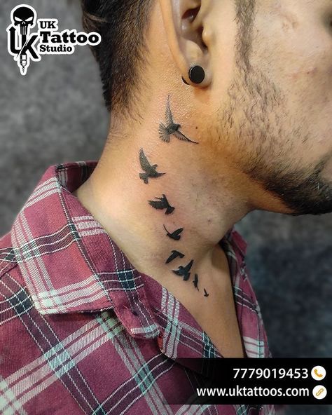 Bird Tattoo Neck Men, Birds Flying Tattoo Men, Bird Neck Tattoo Men, Nek Tattoo Men, Sparrow Neck Tattoo, Birds Tattoo On Neck, Neck Bird Tattoo, Bird Neck Tattoo, Flying Birds Tattoo