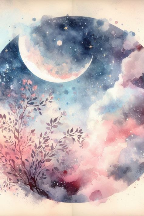 Night Sky Tattoos, Watercolor Night Sky, Library Girl, Moon Artwork, Artwork Inspiration, Watercolor Sky, Watercolor Projects, Celestial Art, Watercolor Inspiration