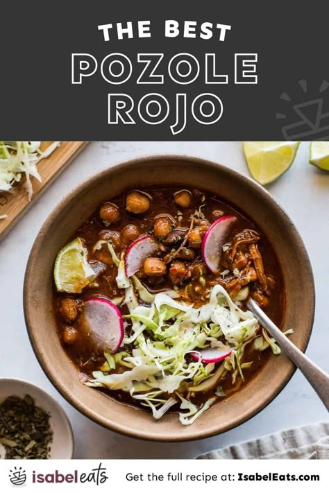 Pozole Rojo is a hearty and comforting Mexican stew made with pork and hominy in a flavorful red chile broth. Top your bowl with shredded cabbage, radishes, cilantro, lime, and avocado! Mexican Pozole Recipe Pork, Red Pork Pozole Recipe, Instant Pot Pozole, Red Posole Recipe, How To Make Pozole Rojo Pork, Pozole Recipe Pork, Red Posole, Pasole Recipe Pork Pozole Rojo, Healthy Chicken Pozole Recipe