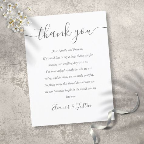 Wedding Reception Script Thank You Place Card | #wedding #thankyou #weddingreceptionguestthankyou #stylish #simple #grayandwhite #engagement #elegantmodernscripttypography #minimalist #romanticwhimsical Shop Wedding Reception, Wedding Thank You Messages, Wedding Wishes Messages, Wedding Guess, Wedding Reception Guest, Wedding Wording, Wedding Thank You Postcards, Thank You Wishes, Appreciation Message